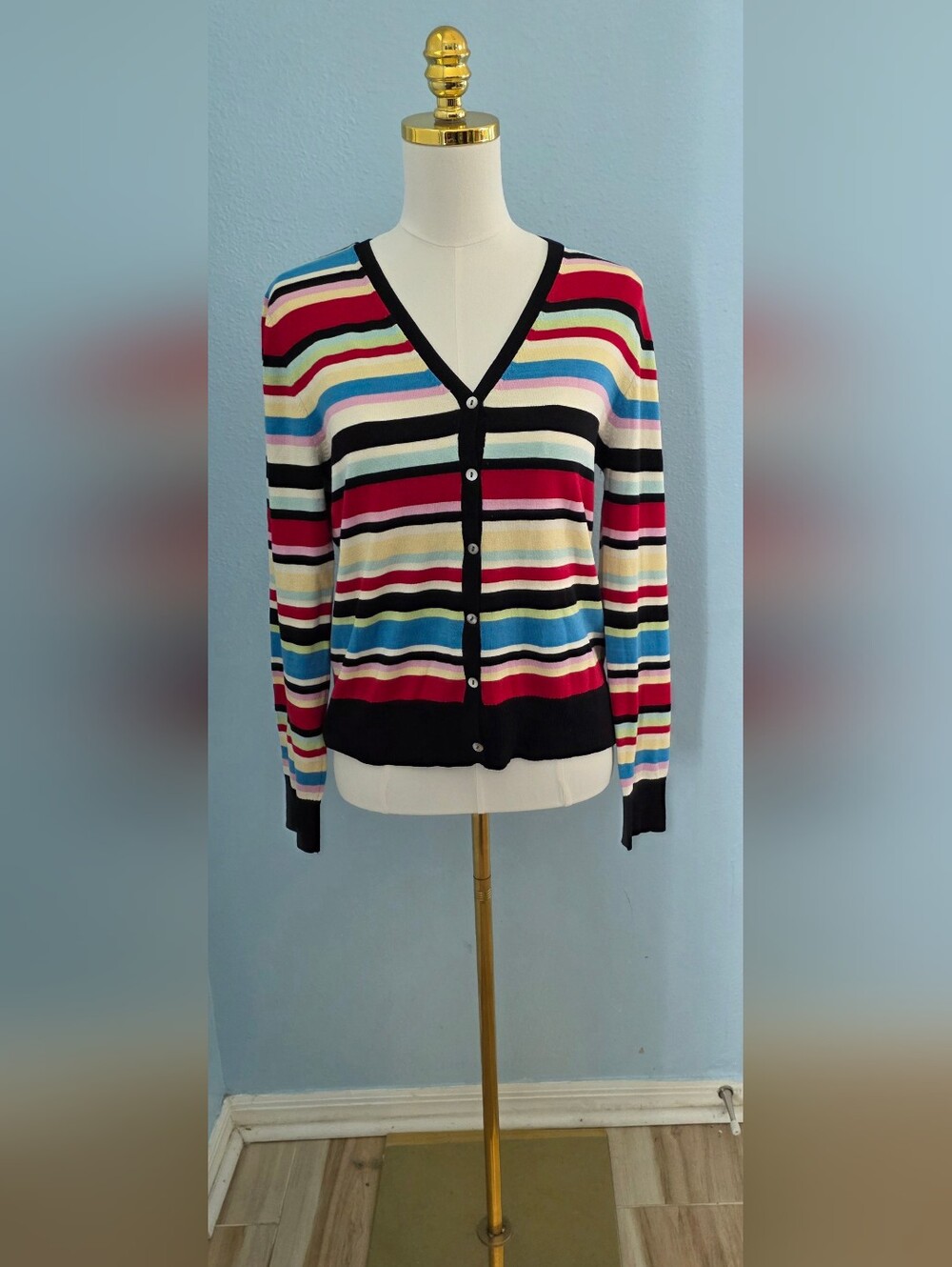 Striped V-Neck Button Cardigan Sweater - Multi